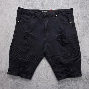 Makobi Denim‎ Shorts Mens Measured 41x12 Black Distressed Biker Ribbed Stretch